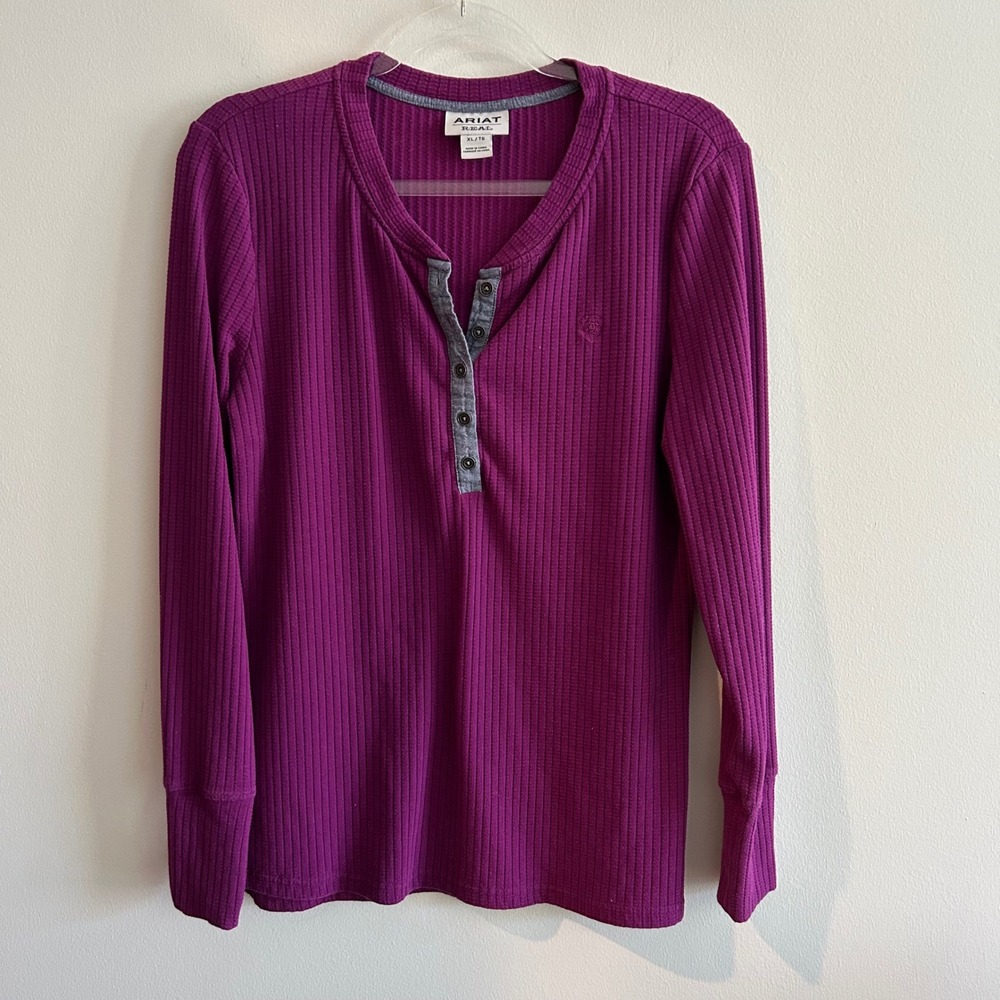 Ariat Real Henley Top Magenta Purple XL Long Sleeve Waffle Knit Equestrian